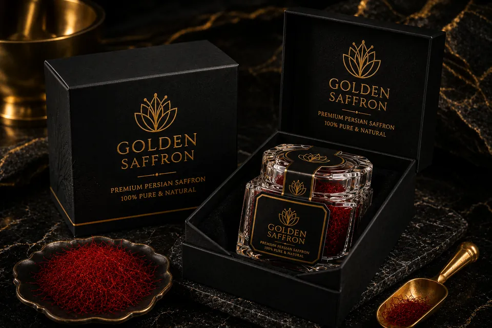 Open presentation box with a saffron jar and a bowl of threads