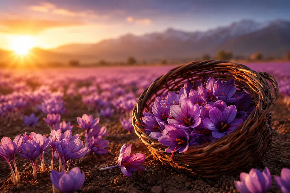 Basket of freshly picked saffron flowers at sunrise
