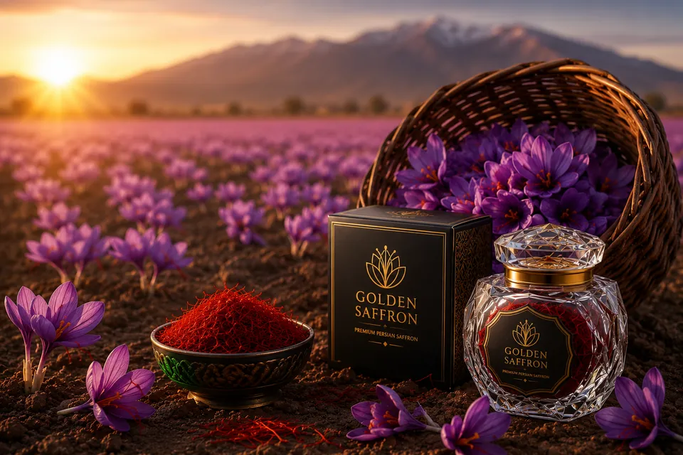 Golden Saffron box, crystal jar and bowl of saffron threads in a flowering saffron field