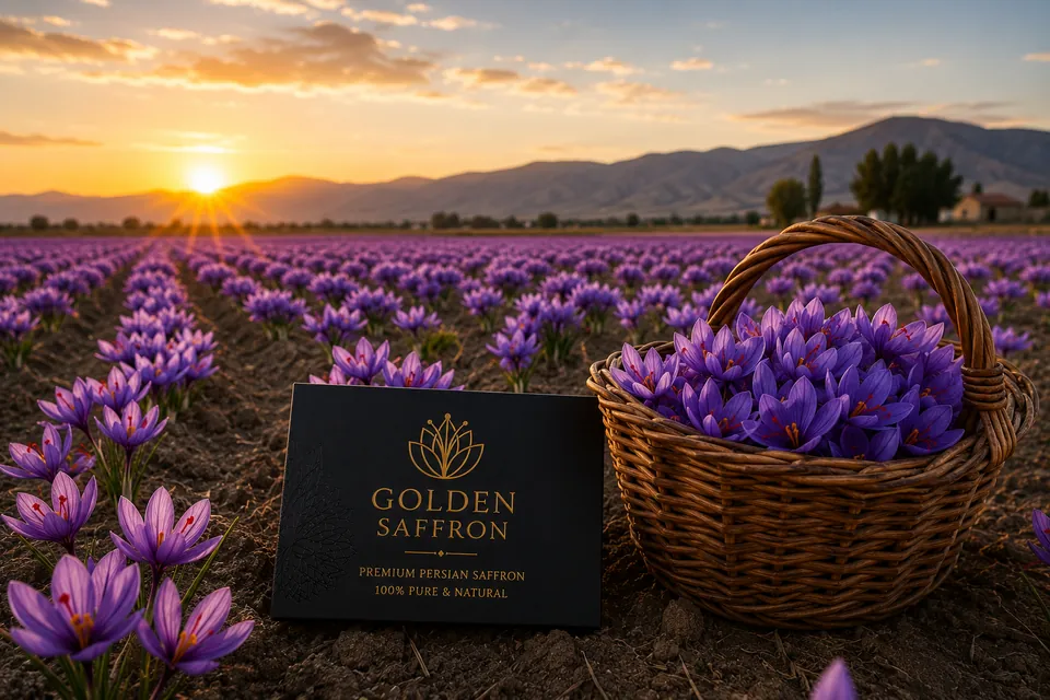 Rows of flowering saffron at sunset with a harvest basket