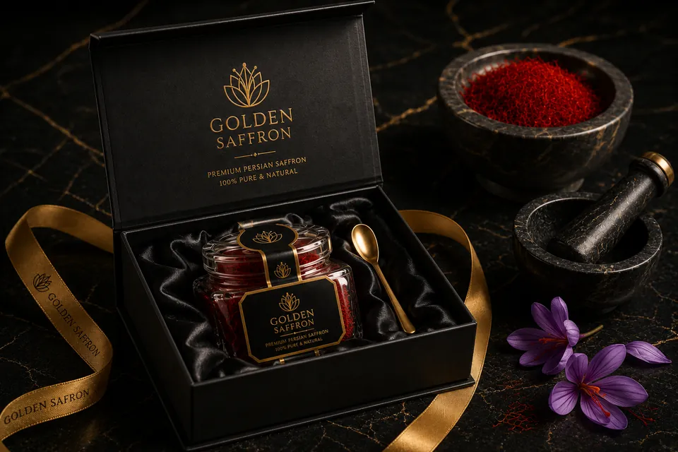 Golden Saffron gift box with jar, gold spoon and ribbon on black marble