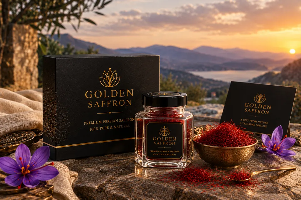 Golden Saffron box, jar and card on a stone at sunset