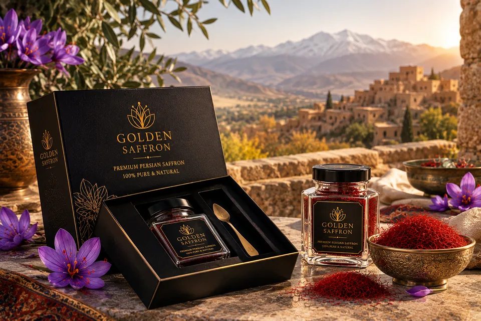 Golden Saffron gift box set on a stone terrace with mountain view