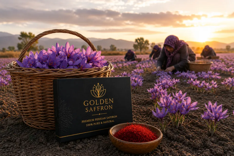 Harvest basket full of saffron flowers with pickers in the background