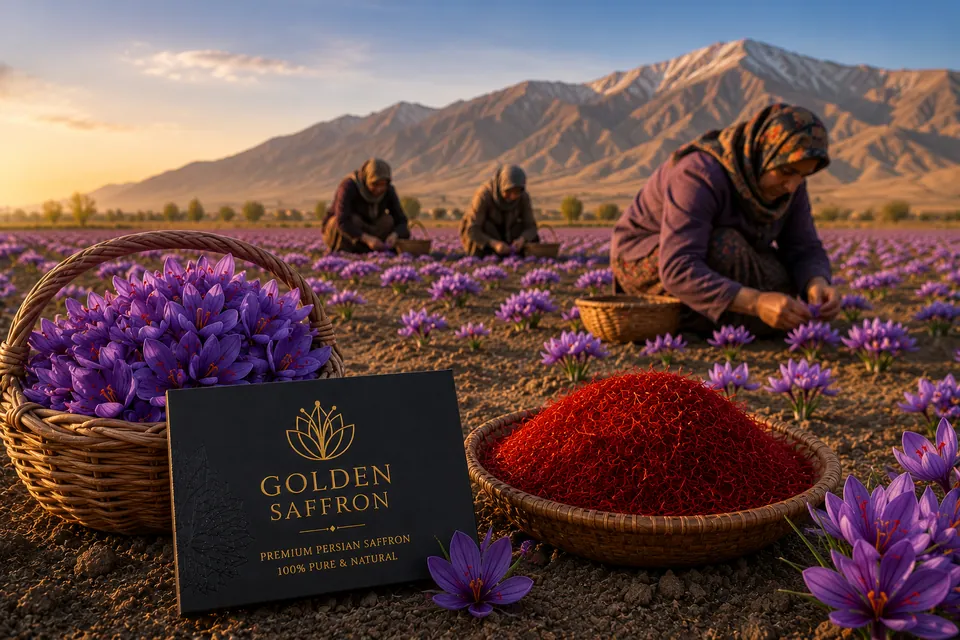 Saffron pickers working a flowering field below mountains