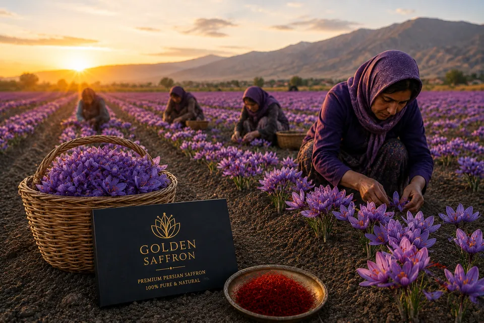 Pickers harvesting saffron flowers by hand at sunrise