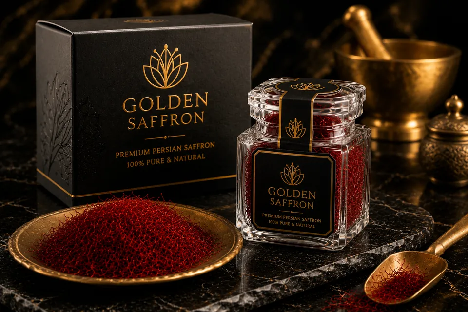 Jar, box and gold bowl of saffron threads on black marble