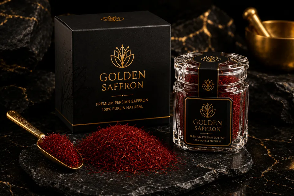 Saffron jar and box with a gold scoop on black marble