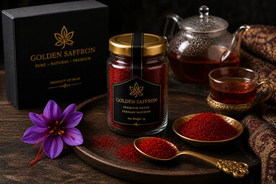 Saffron jar beside a glass teapot and cup of saffron tea