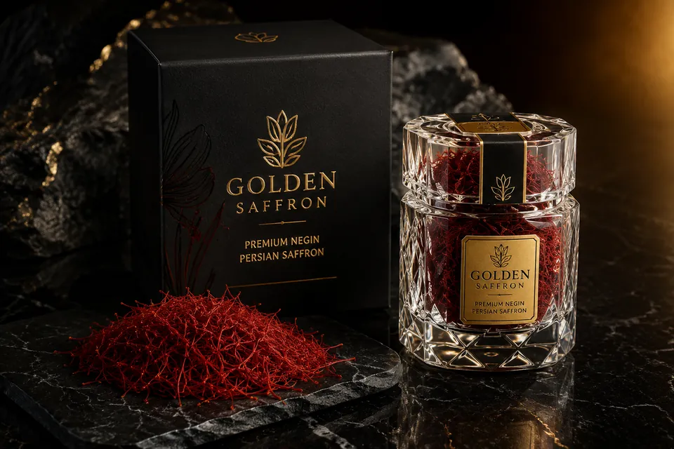 Crystal jar of Negin saffron next to a pile of red threads on marble