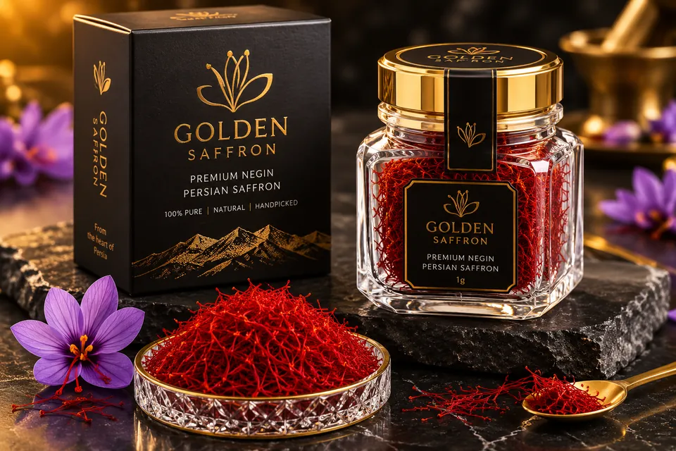 Golden Saffron Negin box and 1g glass jar with a bowl of red saffron threads
