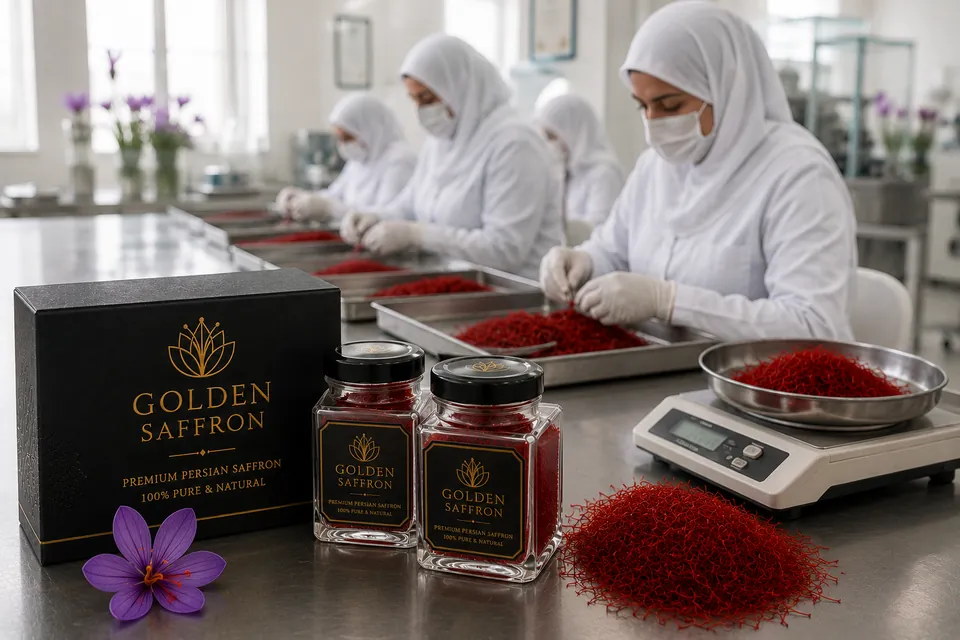 Saffron threads being sorted and weighed on stainless steel trays