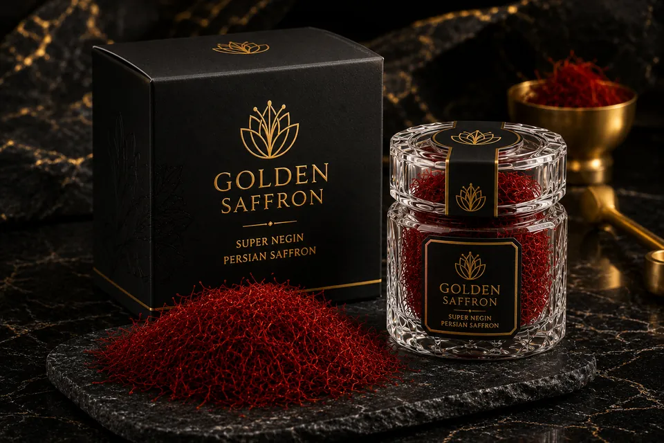 Golden Saffron Super Negin box and glass jar of deep-red saffron threads on black stone
