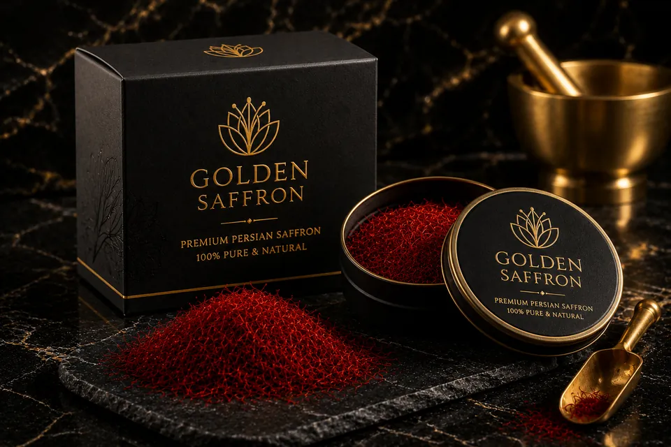 Golden Saffron box and black tin of saffron threads on black marble